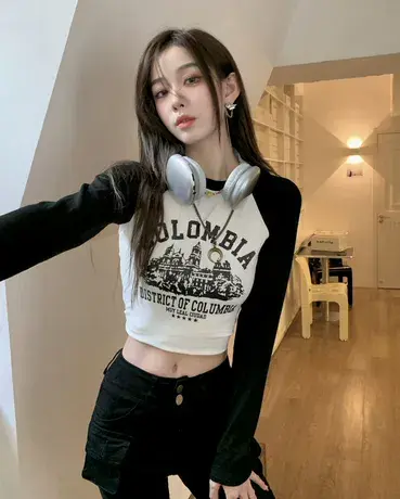 微胖穿搭美式辣妹撞色长袖T恤女春秋大码胖mm修身显瘦洋气打底衫图片