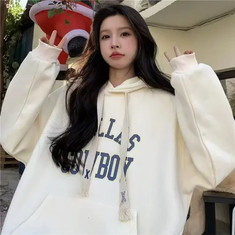 美式复古慵懒oversize连帽卫衣外套女2024新款秋冬加绒加厚棒球服商品大图