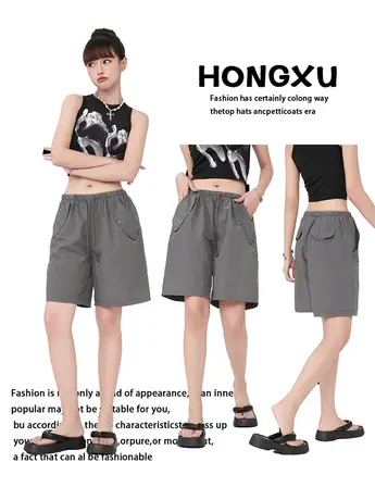 红续夏季高腰抽绳松紧腰工装短裤女薄款多口袋复古运动休闲五分裤图片