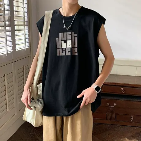 圆领印花背心全棉纯棉夏季T恤男士上衣服男款体恤衫汗衫潮牌男装商品大图