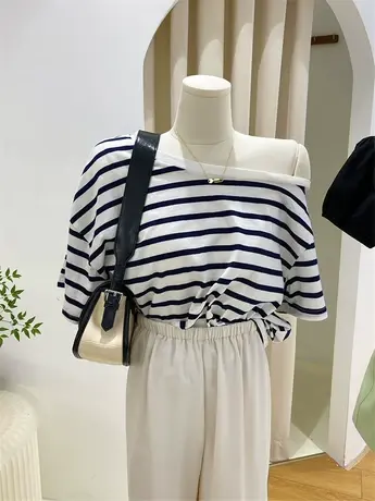 横条纹斜肩t恤女夏季单边露肩小心机 宽松休闲薄款不规则上衣短袖商品大图