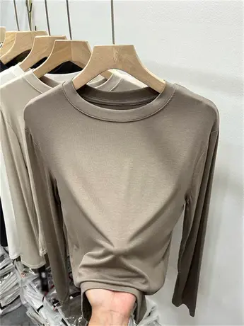 简约圆领针织长袖宽松慵懒T恤女2023夏季新款体恤螺纹上衣打底衫商品大图