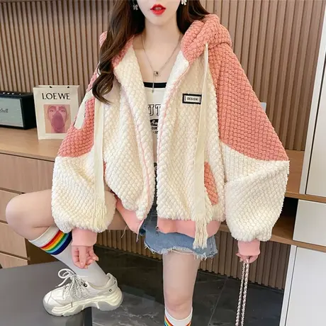 连帽卫衣女秋冬季韩版宽松加绒加厚拼色百搭小个子羊羔毛开衫外套商品大图