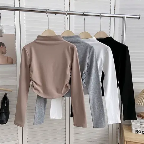 短款收腰长袖T恤女德绒洋气减龄修身显瘦内搭半高领打底衫上衣服商品大图