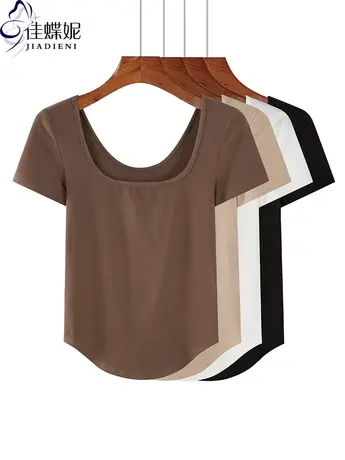 夏季韩版U领两穿纯棉修身燕尾摆纯色短袖体恤上衣内搭女T恤商品大图