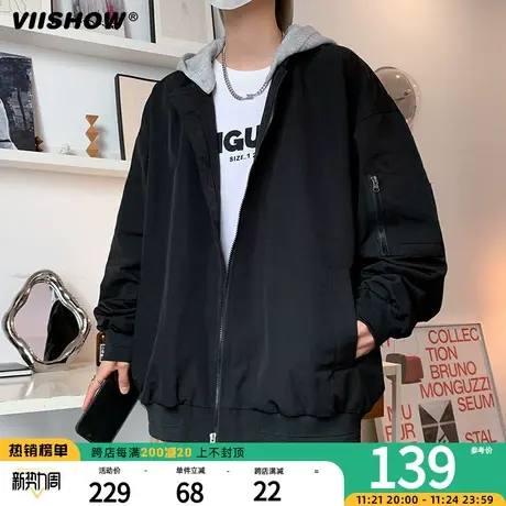 VIISHOW假两件连帽外套男潮牌美式宽松夹克春秋设计感小众冲锋夹商品大图