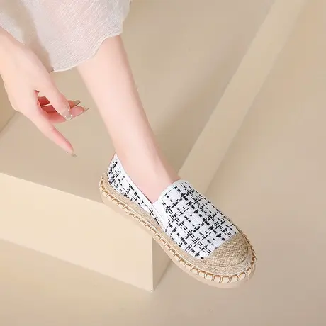 老北京布鞋女时尚休闲款草编渔夫鞋透气舒适散步鞋一脚蹬帆布鞋子商品大图