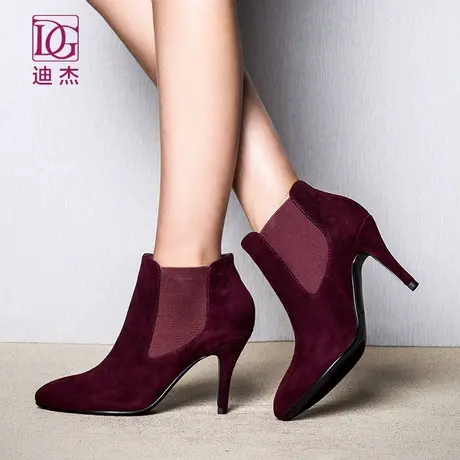 DG迪杰女靴子秋冬季羊皮绒面切尔西靴高跟尖头细跟短靴及裸靴图片