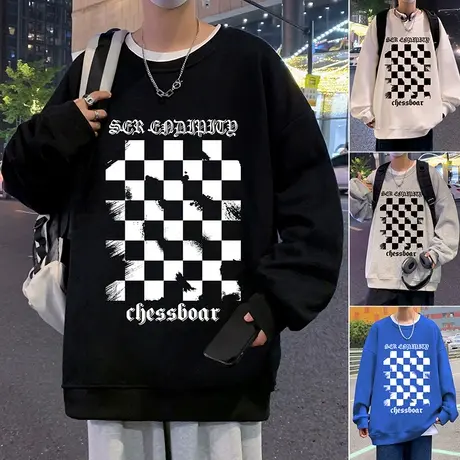 棋盘格2024春秋新款卫衣男圆领潮牌ins国风加绒加厚套头情侣上衣商品大图