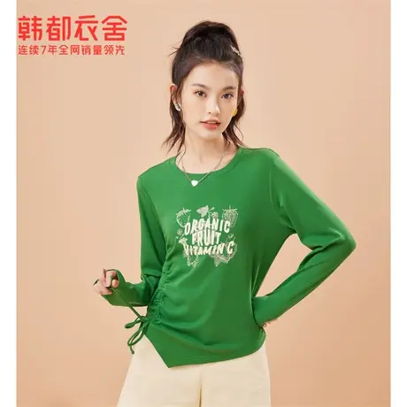 韩都衣舍百搭高弹上衣2023夏季新款女装印花褶皱长袖DFV1100009T图片
