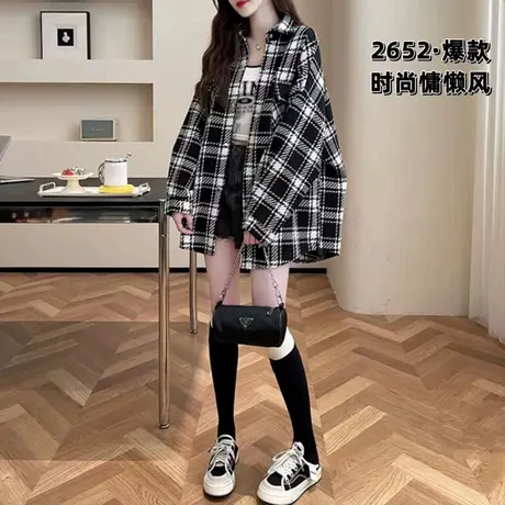 秋冬新款加厚呢料格子衬衫女长袖宽松大码休闲外搭衬衣叠穿慵懒风图片