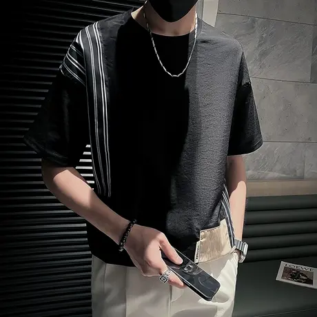 短袖t恤男夏季新款潮牌拼接条纹设计感痞帅潮男半袖上衣穿搭体恤商品大图