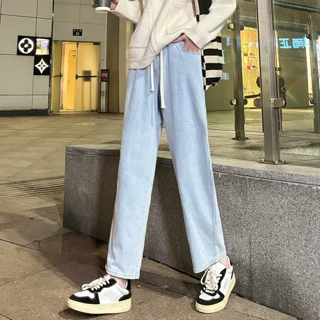 唐狮24春季新款女牛仔裤宽松抽绳直筒裤显瘦高腰百搭时尚裤子女商品大图