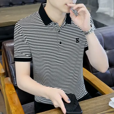 夏季翻领条纹短袖T恤男休闲撞色带领青年polo衫刺绣V打底衫男潮流商品大图