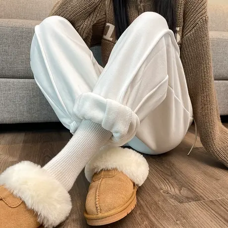 白色束脚运动裤女2024春秋冬款高腰宽松双面绒加绒哈伦灯笼卫裤子图片