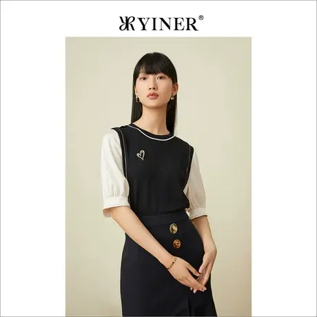 YINER音儿女装2022夏季小香风泡泡袖薄款针织衫商品大图