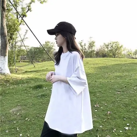 简约纯棉打底衫内搭中长款2024年新款正肩短袖T恤女百搭圆领半袖商品大图