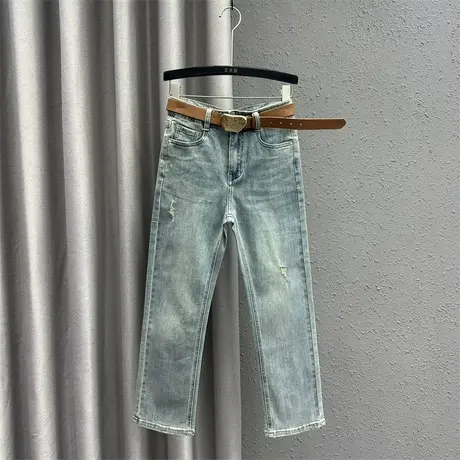 韩版直筒裤女2024春季新款磨破个性刺绣设计感时尚百搭牛仔九分裤商品大图