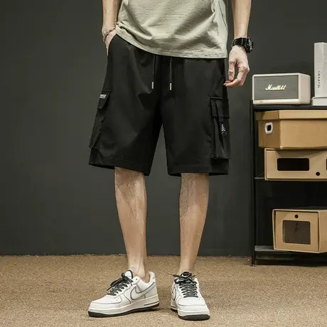 唐狮夏季休闲短裤男潮牌工装裤黑色显瘦运动五分裤宽松中裤卫裤图片