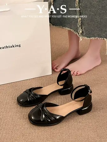 包头凉鞋女款中跟2024夏季新款法式环扣粗跟圆头晚晚高级低跟单鞋商品大图