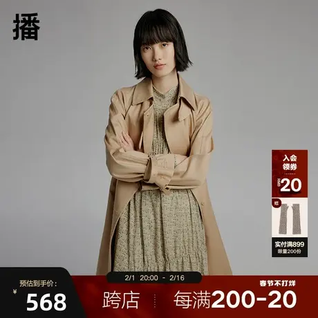 播春季新款方型翻领不对称双排扣配腰带长款风衣女BDP1FD0009图片