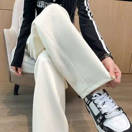 浅色休闲阔腿运动裤女春季2024新款高腰显瘦宽松抽绳直筒拖地卫裤图片