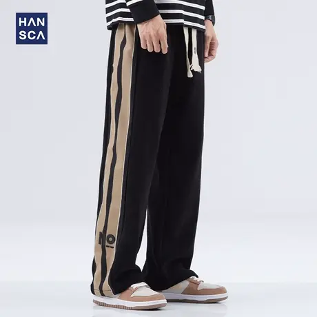 hansca灯芯绒休闲裤高街男宽松直筒春秋季潮流抽绳运动条纹拖地裤商品大图