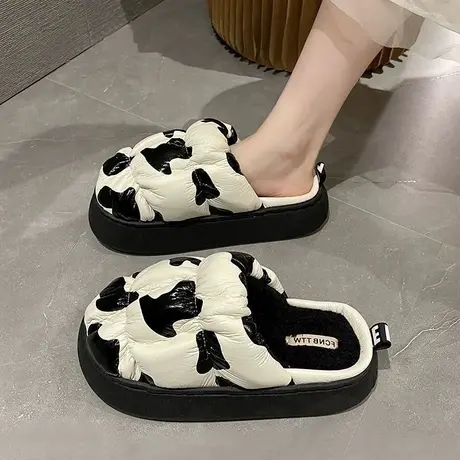 网红奶牛棉拖鞋女秋冬季PU皮面防水保暖包头棉拖鞋踩屎感外穿厚底图片