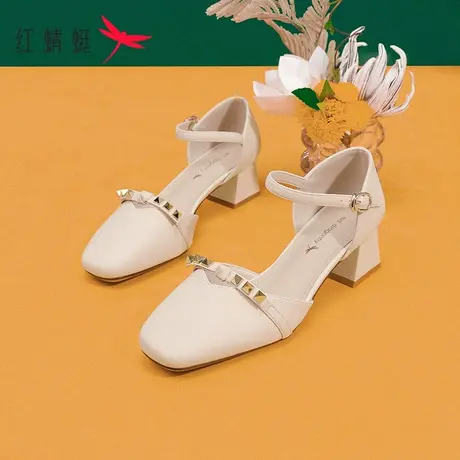 红蜻蜓粗跟凉鞋女2023夏季新款百搭时装高跟鞋时尚一字扣包头凉鞋商品大图