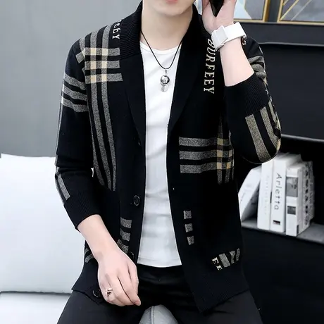 高端男士休闲针织线外套潮流时尚青果西装领夹克外穿秋装开衫毛衣商品大图