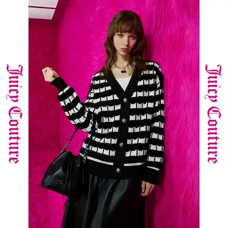 Juicy Couture橘滋秋女女装年新款黑白琴键皇冠银扣格纹毛衣外套图片