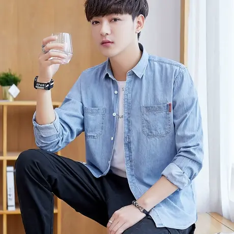 牛仔衬衫男士2023新款韩版宽松纯色青年衬衣外套帅气学生休闲潮流商品大图