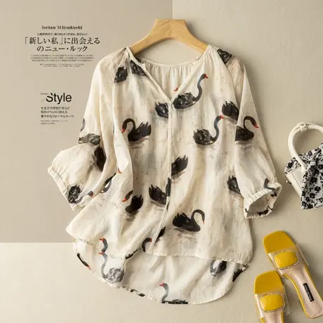 中袖苎麻衬衣天鹅印花图案2022夏季新款薄款棉麻上衣宽松漂亮衬衫图片