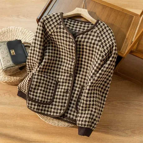 格子秋冬毛呢外套女针织开衫文艺复古宽松上衣百搭高级感2022新款商品大图