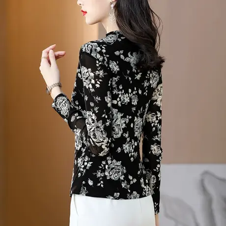 长袖t恤女装春秋季2023新款上衣蕾丝网纱打底衫加绒内搭洋气小衫商品大图