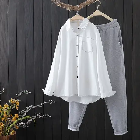 白色长袖衬衫女春装新款上衣设计感小众休闲百搭黑线压边翻领衬衣图片