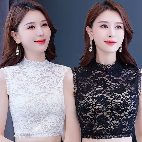 百搭新款韩版假衣领无袖蕾丝打底衫高领配毛衣女立领花边假领上衣图片