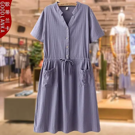 40-50岁中年妈妈连衣裙夏装大码宽松收腰气质遮肚短袖棉麻连衣裙商品大图