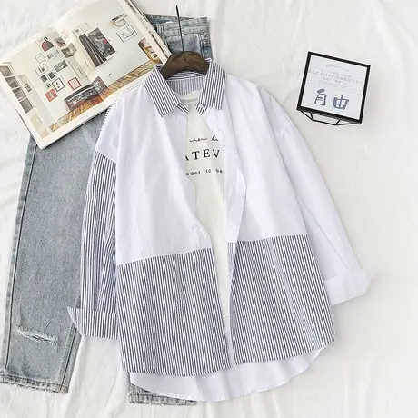 竖条纹假两件拼接棉麻衬衫女2020春夏新款韩范文艺衬衣薄外套开衫商品大图