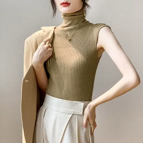 无袖高领打底衫女士2023春季新款纯色修身韩版西装内搭针织衫上衣商品大图