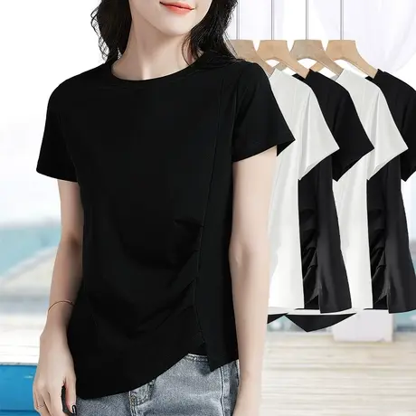 小圆领短袖女不规则下摆上衣纯色百搭修身显瘦2023夏新款外穿t恤图片