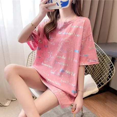 亮闪闪短袖t恤女夏季韩版宽松大码女装中长款学生百搭半袖上衣服商品大图