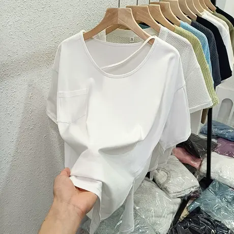 纯棉短袖T恤女夏季2023新款宽松显瘦洋气减龄下摆开叉上衣服潮ins商品大图