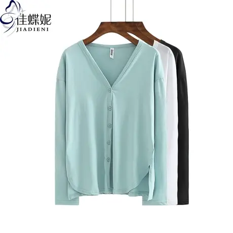 春秋新款纯白宽松休闲V领开衫上衣长袖女装韩版体恤大码T恤空调衫图片