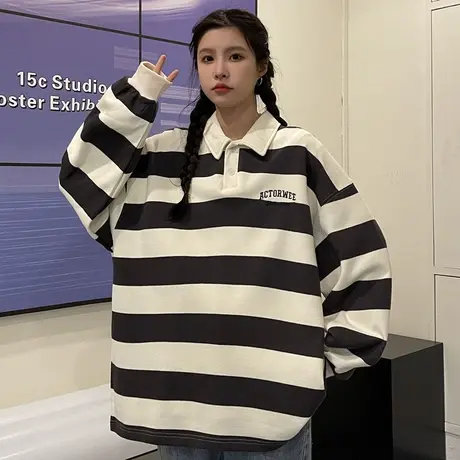 条纹polo衫翻领卫衣女春秋薄款ins宽松bf慵懒风港味chic港风上衣商品大图
