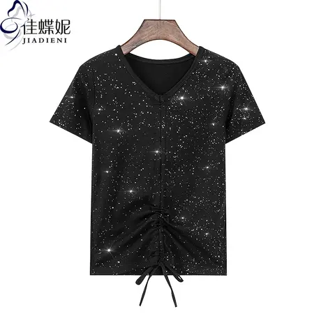 夏季新款V领修身抽绳纯欲显瘦纯棉纯色亮片短袖体恤上衣女打底衫图片
