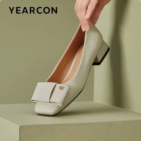 意尔康真皮浅口单鞋女方头配裙子2023夏季新款粗跟气质羊皮女鞋商品大图