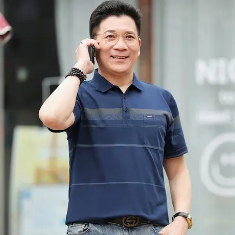 爸爸夏装短袖t恤条纹丝光棉男士宽松半袖POLO衫上衣服夏季中老年商品大图
