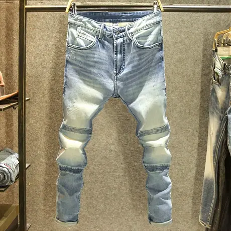 潮牌个性拼接机车牛仔裤男款修身弹力小脚裤高端水洗时尚潮流长裤商品大图