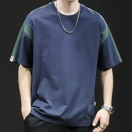拼接撞色短袖t恤男宽松潮牌大码男装夏季2023新款男士半袖纯棉夏商品大图
